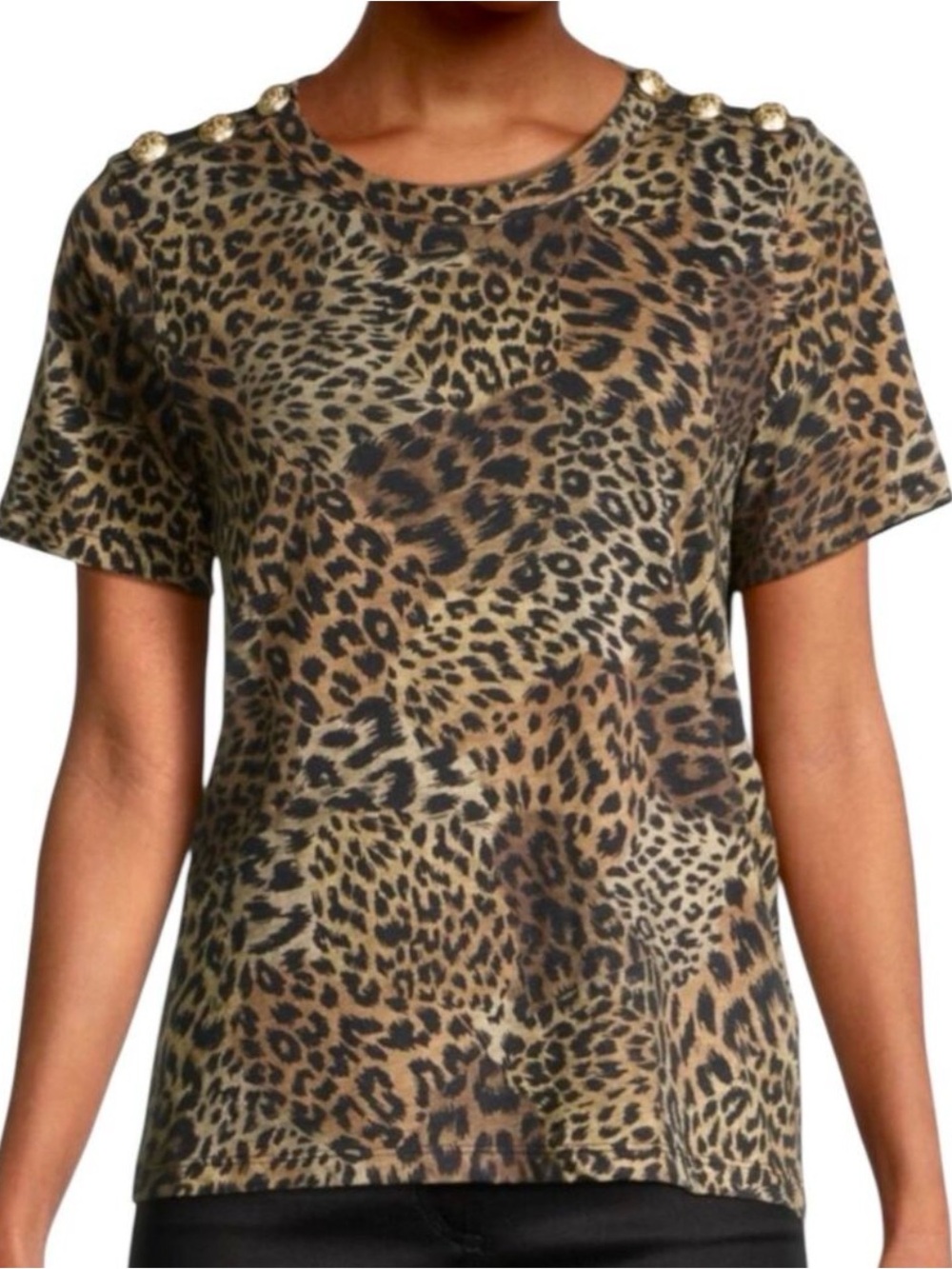Veronica Beard Carla Leopard Print Crewneck Tee Gold Shoulder Buttons Medium